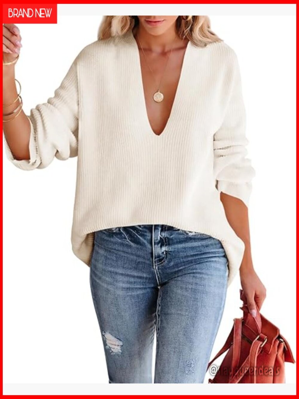 Oversized Deep V Neck Long Sleeve Knitted Pullover Sweater